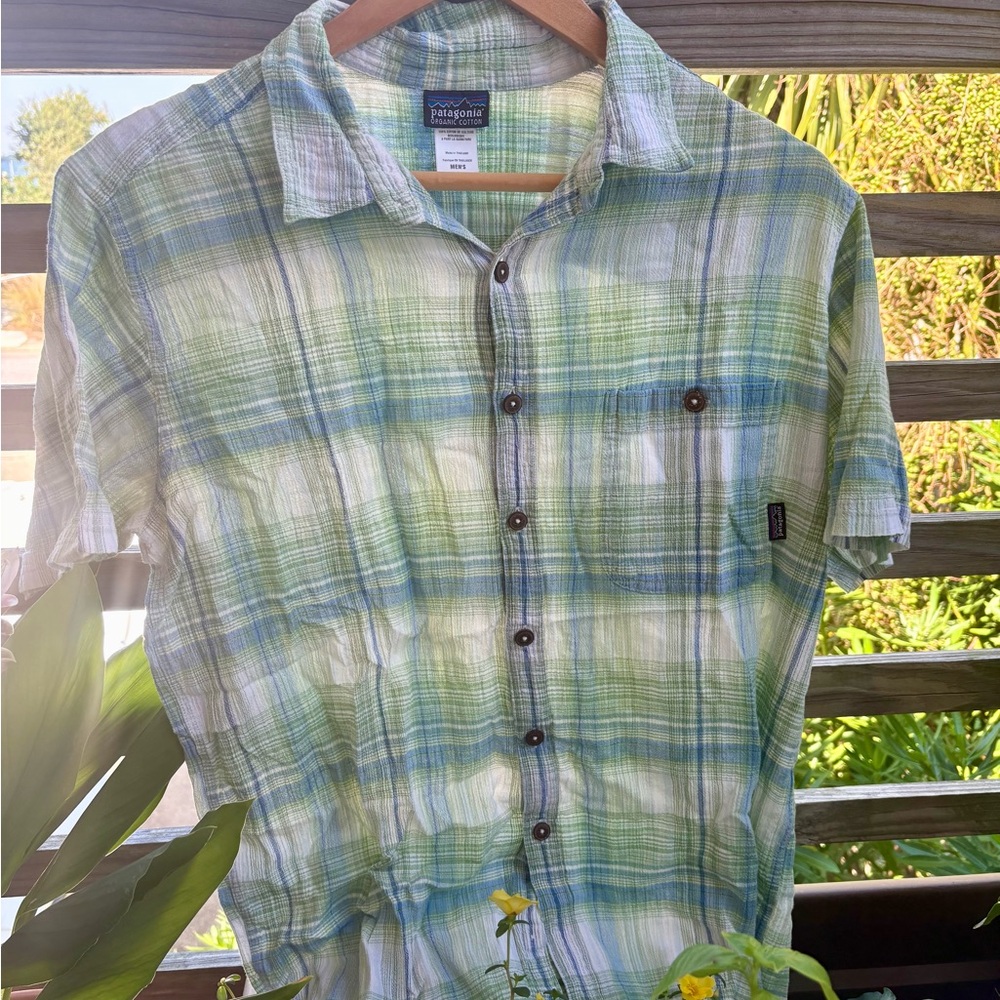 Patagonia Blue and Green Plaid Organic Cotton Casual Men’s Shirt